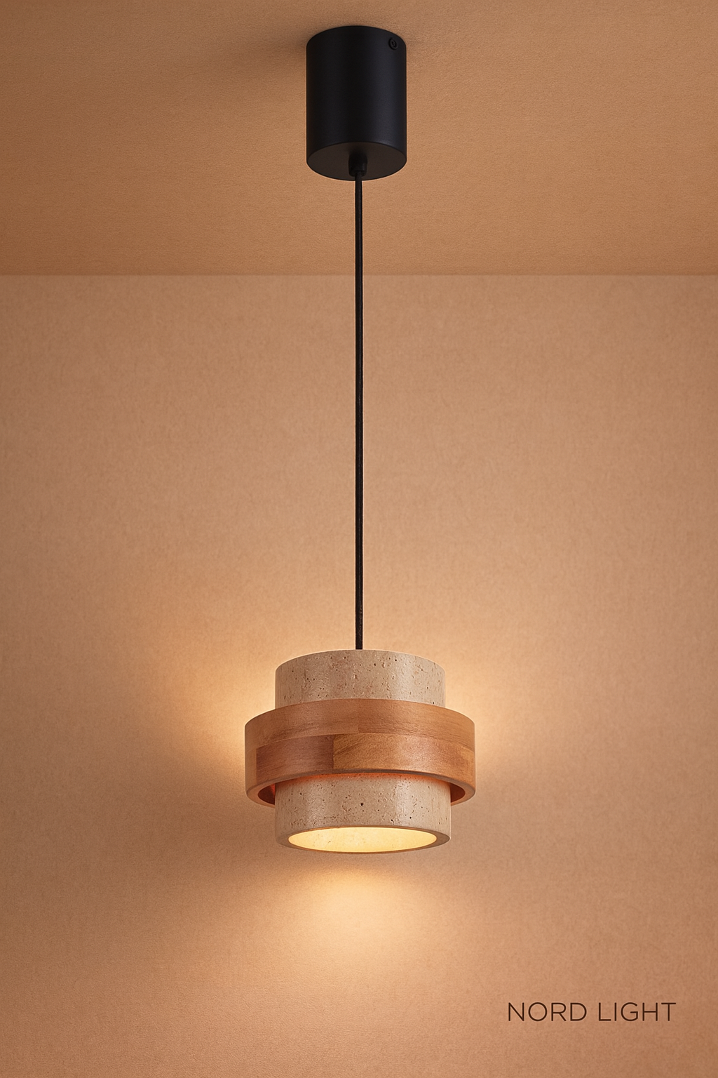 תליית עץ טבעי בשילוב אבן טרוונטין – BIG TUBE WOOD E27