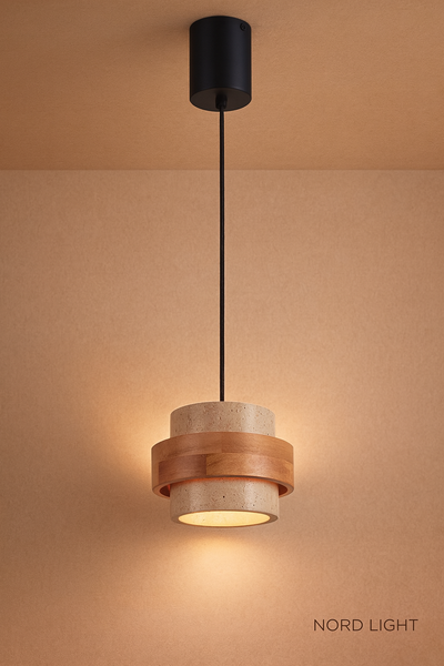 תליית עץ טבעי בשילוב אבן טרוונטין – BIG TUBE WOOD E27