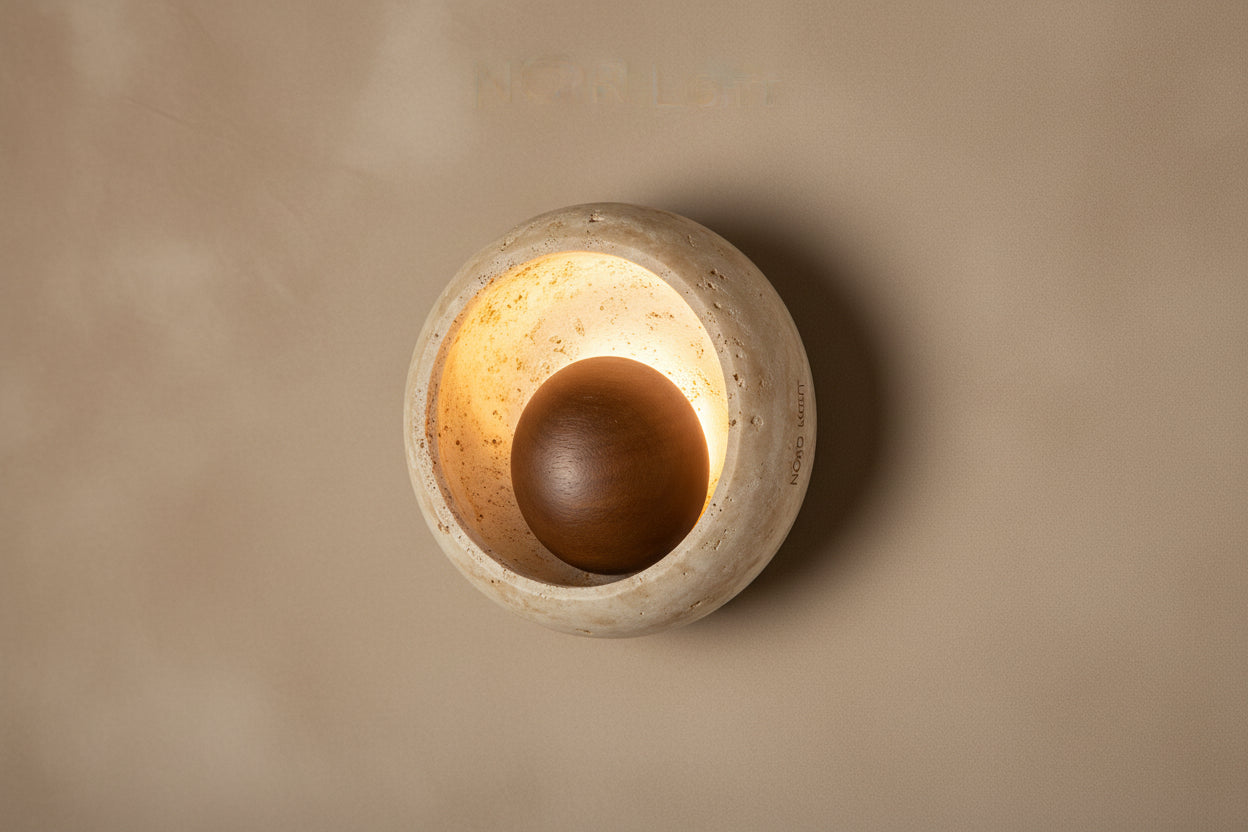 TRAVERTINO 332 – מנורת קיר אבן טרוונטין בשילוב עץ