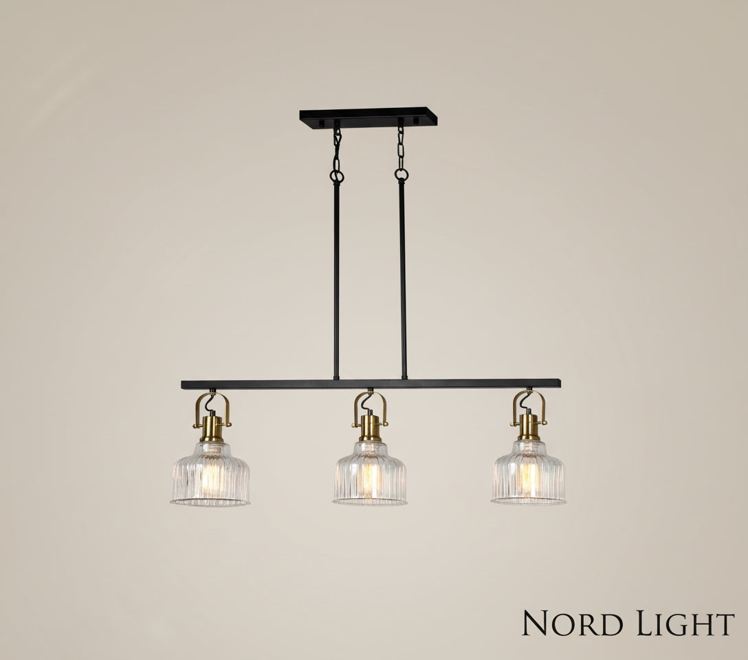 שלישיית רטרו על מסילה – גוף תאורה תלוי בעיצוב זכוכית מחורצת