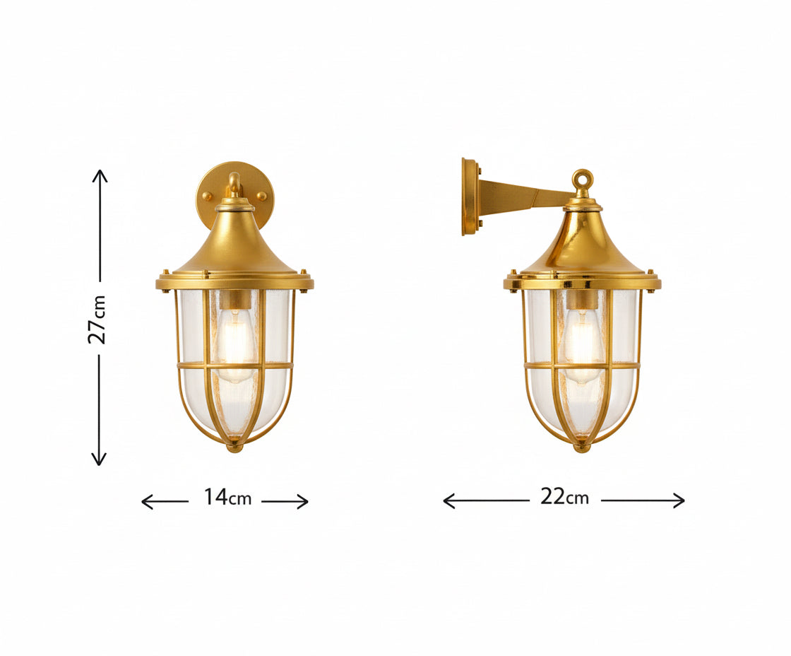 מידות פנס גינה פלי 
פנס גינה קלאסי מפליז אמיתי עם זכוכית מחורצת ועיצוב איטלקי איכותי – Nord Light Brass Yard 710.
