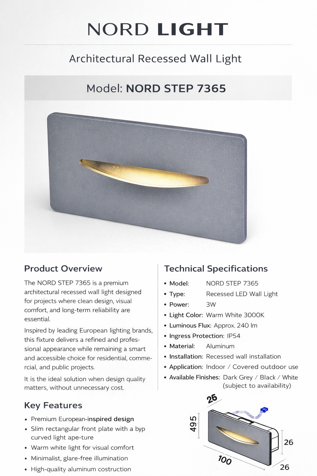 שקוע קיר LED אדריכלי דגם NORD STEP 7365