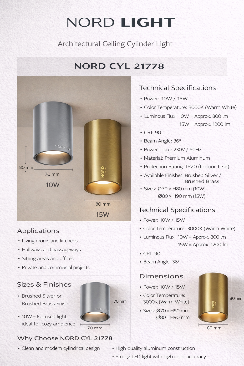 מנורת צילינדר תקרה אדריכלית – דגם NORD CYL 21778