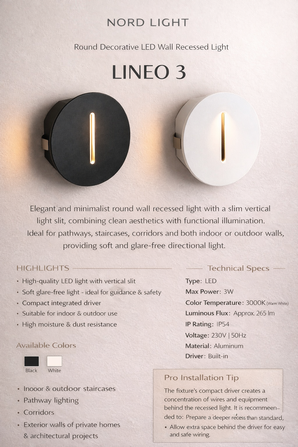 שקוע קיר LED דקורטיבי עגול – דגם LINEO 3